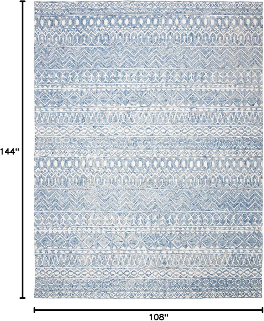 Micro-Loop Area Rug - 9' x 12', Blue & Ivory, Handmade Moroccan Boho Tribal Wool