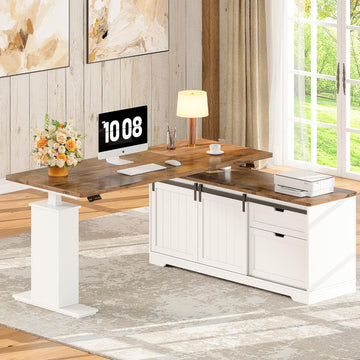 55" Farmhouse L Shaped Standing Desk with Storage Drawers, White | Home Office Electric Remote Work Desk with Cable