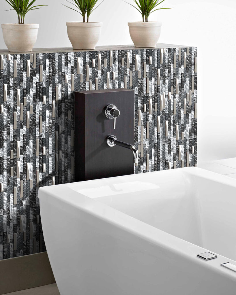 Black & White Glass Linear Tile Backsplash Bahtroom Wall Mosaic Sheets [Set of 5]