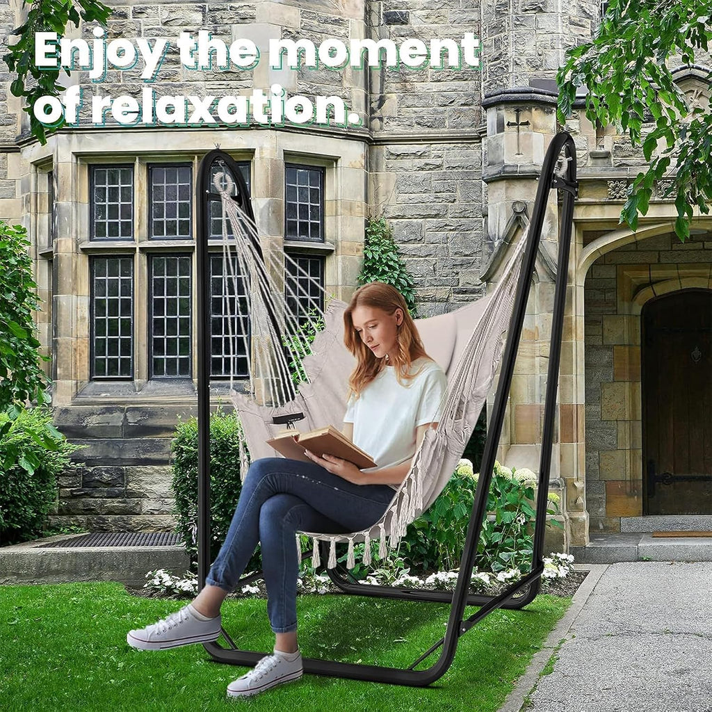 Hammock Chair with Stand, 350 lbs Swing Chair for Indoor Outdoor | U-Shape Anti-Tip Base, Steel Frame,Cotton Chair