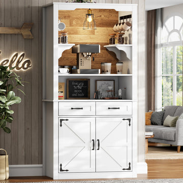 Farmhouse Coffee Bar Cabinet with Led Light - 70.8'' Tall Coffee Hutch Cabinet with Storage Drawers & Hooks, White
