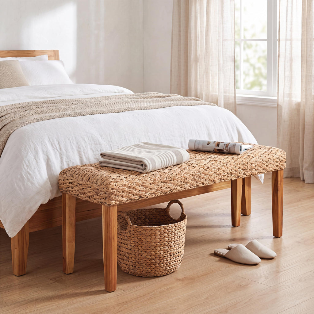 Indoor Wicker Bench 47" Solid Wood Acacia & Natural Woven Seat, Natural Leg