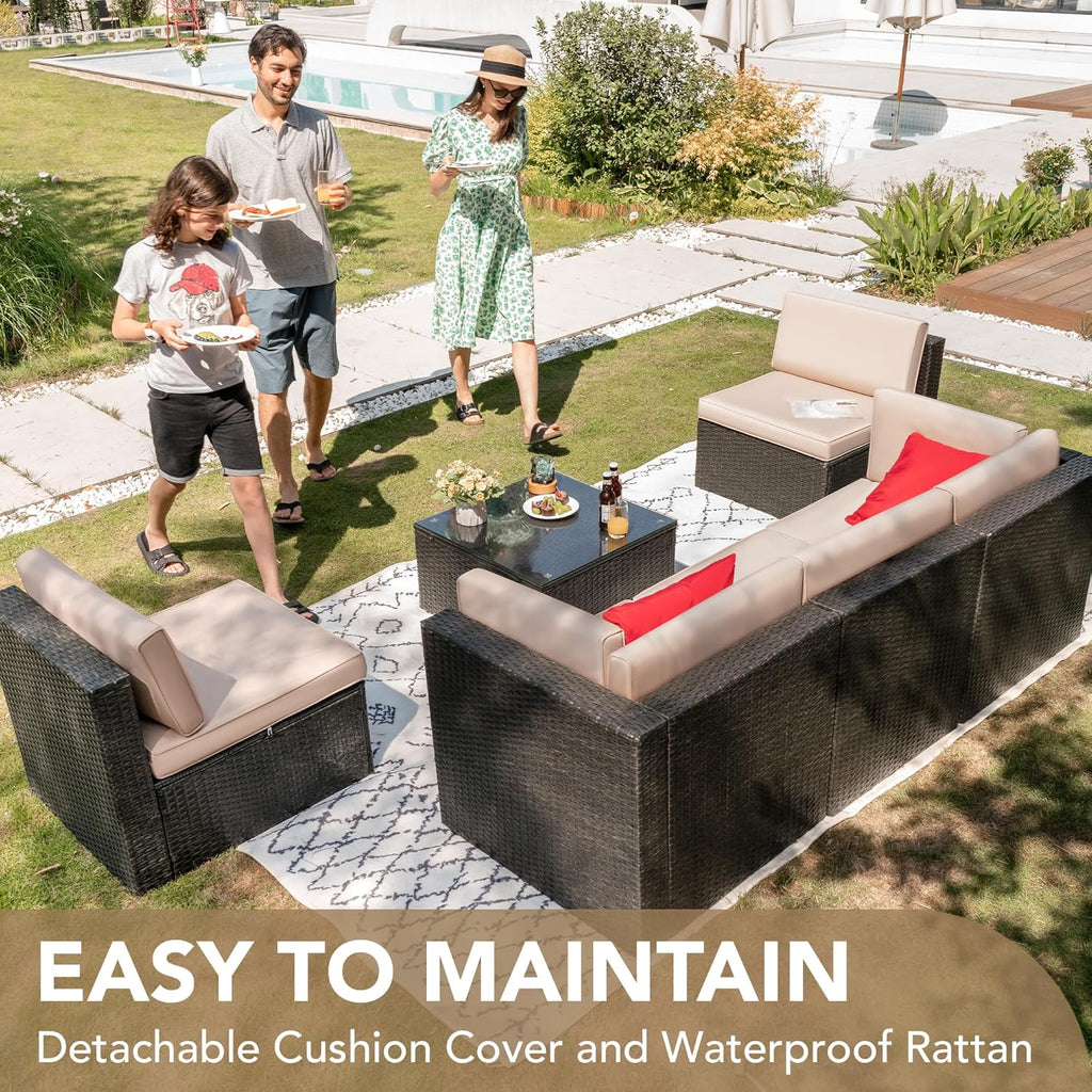 Patio Furniture Sets 6 Pieces Outdoor Sectional Rattan Sofa Manual Weaving Wicker Patio Conversation Set with Glass