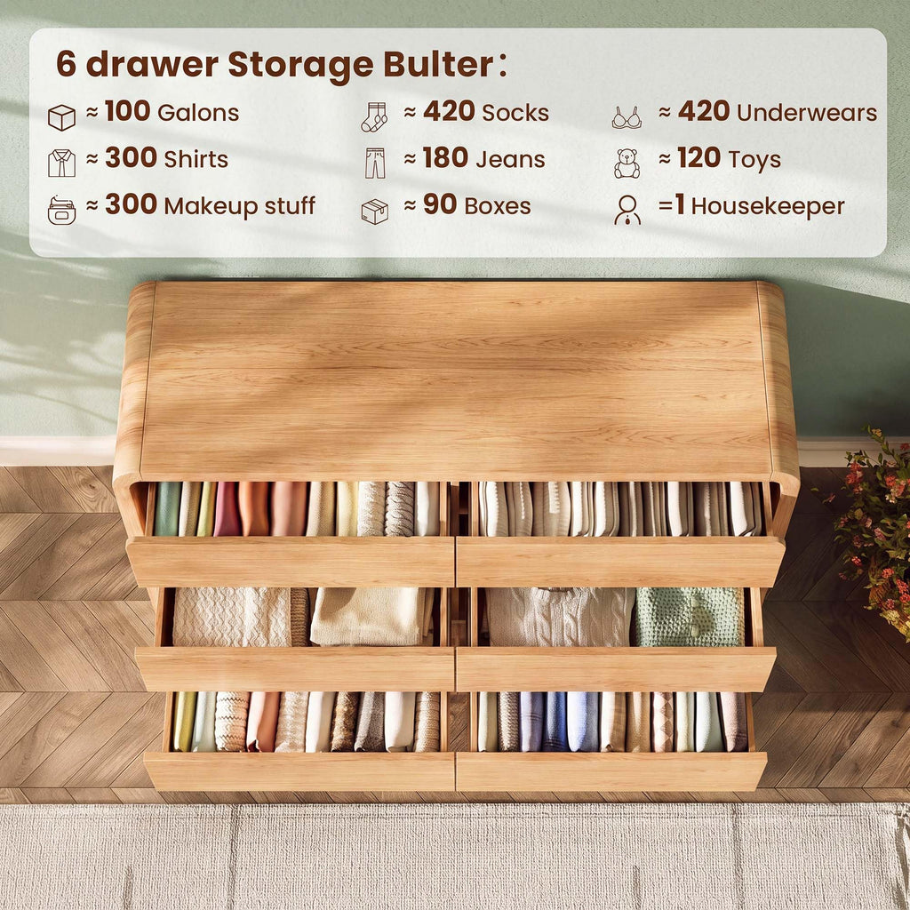 Modern 54" Wide 6 Drawers Dresser with Curved Profile Design, Oak