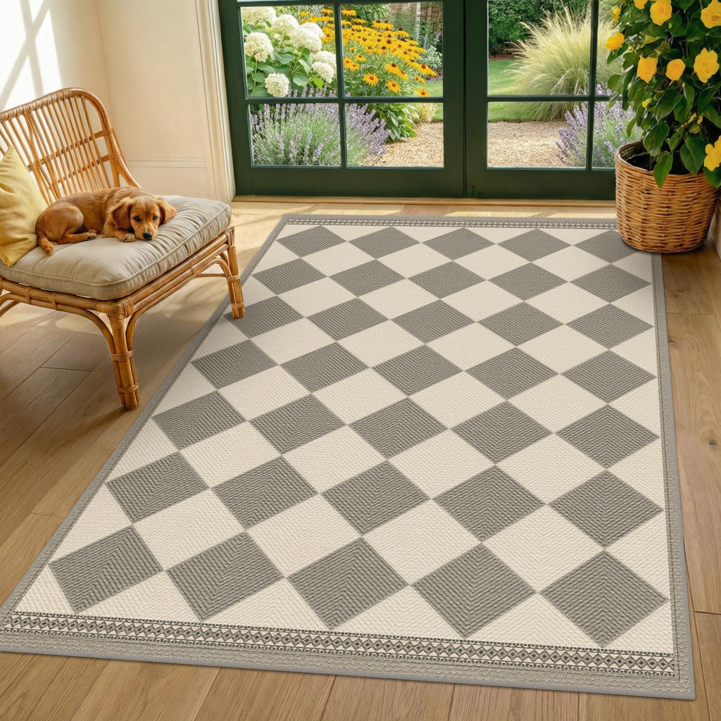 Diamond Corner Easy Jute Rug 4x6, Large Checkered Farmhouse Indoor Outdoor Patio Carpet for Backyard, Porch Decor