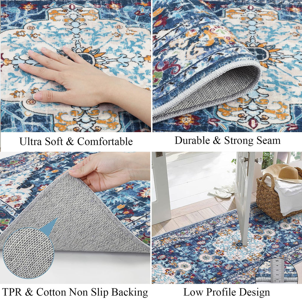2'x14' Boho Hallway Runner Rug Non Slip Washable Runners, Blue