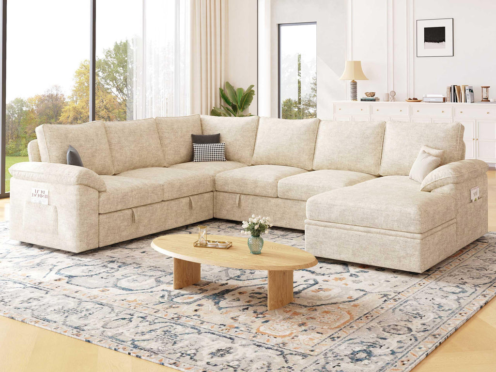 106'' Modular Sectional Sofa with Pull Out Bed, Sleeper Sofa, Beige