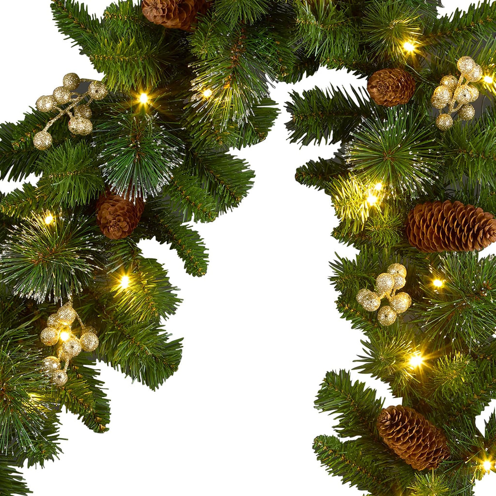 Tree Company Pre-lit Artificial Christmas Garland, Green, Crestwood Gold Spruce, Silver Bristle, Pinecones, Gold