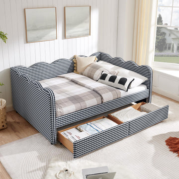 Full Size Upholstery Gingham Daybed with 2 Storage Drawers and USB, Modern Style Adorable Wave Shaped Linen Sofa Bed