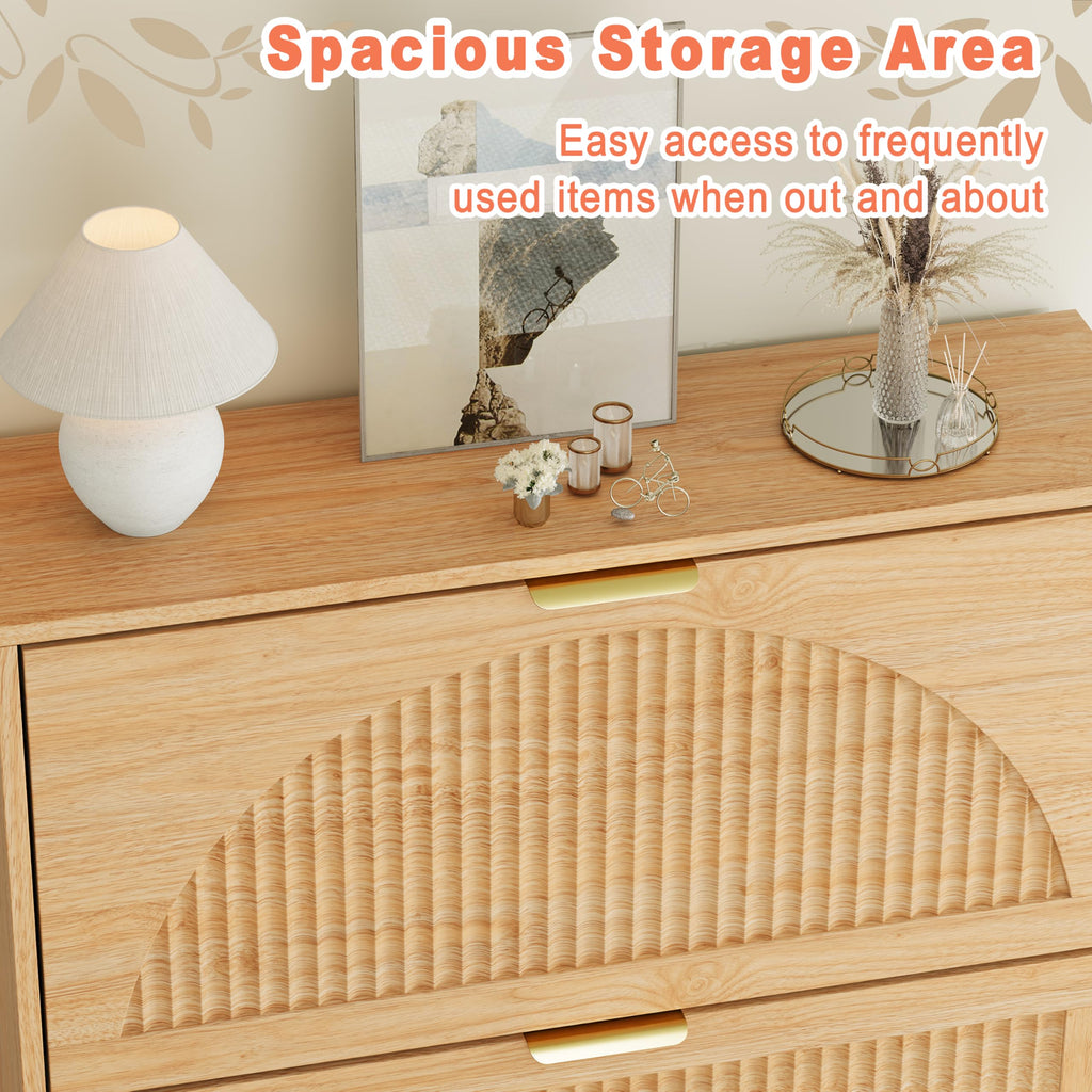 Fluted Shoe Cabinet with 4 Flip Drawers, Narrow Wood Shoe Storage Cabinet, Slim Shoe Rack, Freestanding Shoe Cabinet