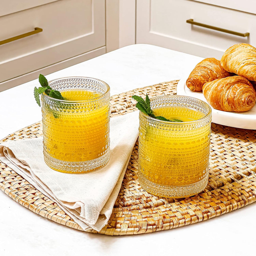 Beaded Drinking Glasses Set of 6, 10 oz Retro Vintage Glassware - Boho Cocktail Water Juice Glasses, Hostess or