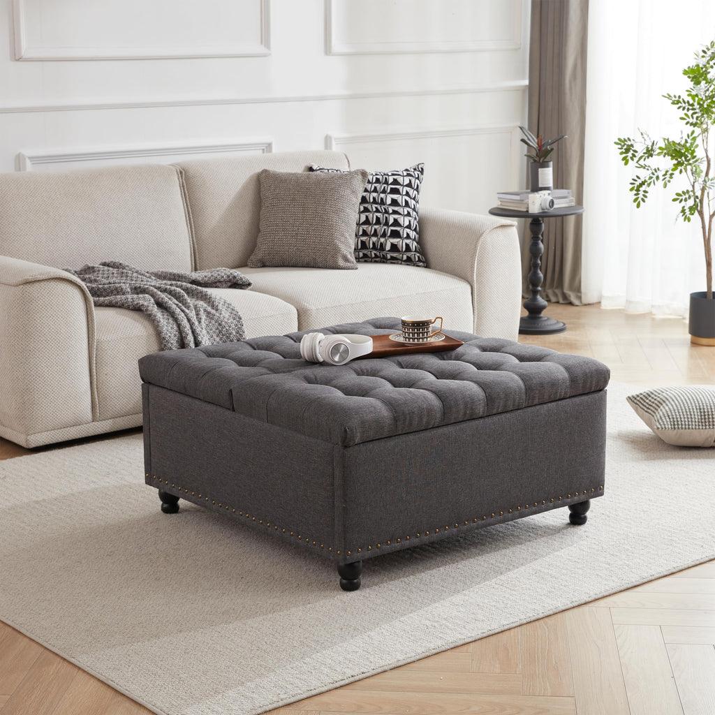 35.5 Inch Large Square Ottoman with Storage, Lift Top, Dark Gray