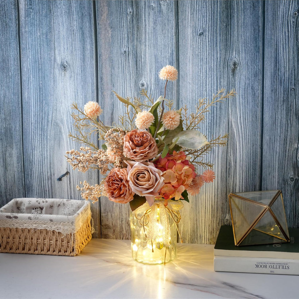 Artificial Fall Flowers with Vase & Lights - Faux Autumn Hydrangea & Rose