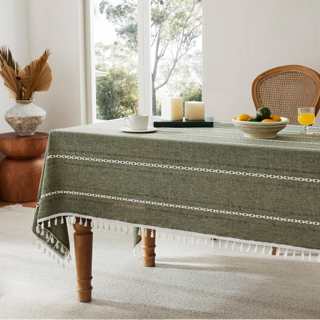 Hemstitched Embroidery Striped Boho Tablecloth 54x70 Inch Olive, Heavy Weight Farmhouse Burlap Linen