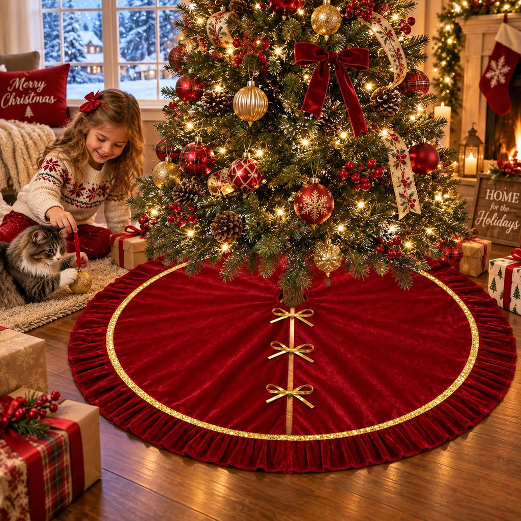 Christmas Tree Skirt Burgundy Velvet Ruffle 48 Inch Xmas Tree Rug Skirt with Gold Sequin Trim Luxury Vintage Tree