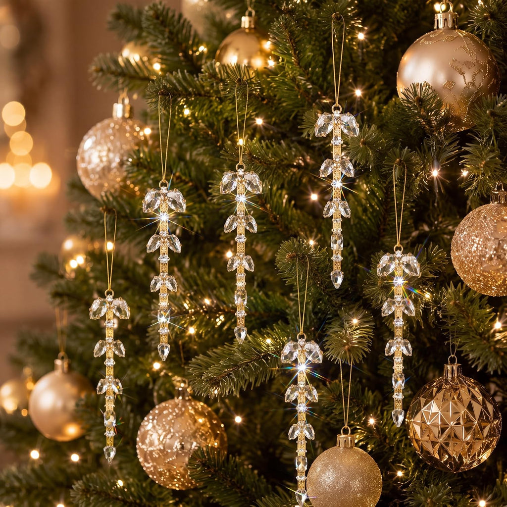 Christmas Crystal Ornaments, 4 Inch Gold Rhinestone Drop - Set of 12