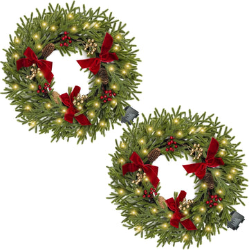 24" Pre-Lit Christmas Wreath for Front Door with 100LED Lights, Set of 2