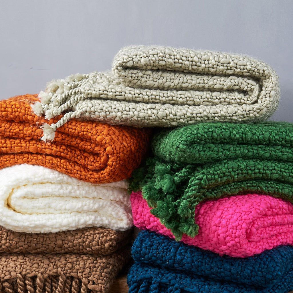 Chunky Knit Throw Blanket with Braided Tassels 50" x 60", Hand Knitted Soft Thick Yarn Basket Weave Boho Farmhouse