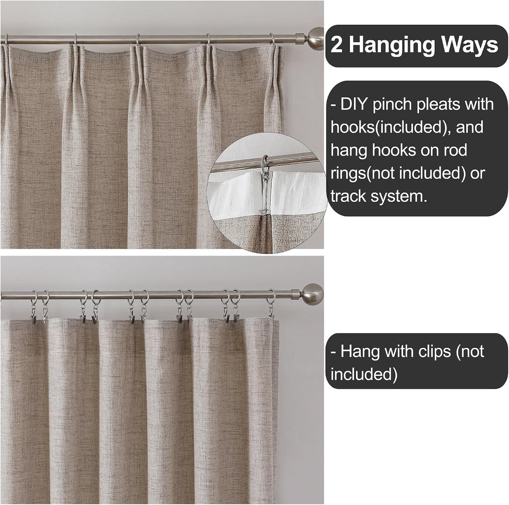 Taupe Flax Linen Pinch Pleat Curtains Drapes 102 Inches Long 2 Panel Thick | Semi Sheers Light Filtering Curtain