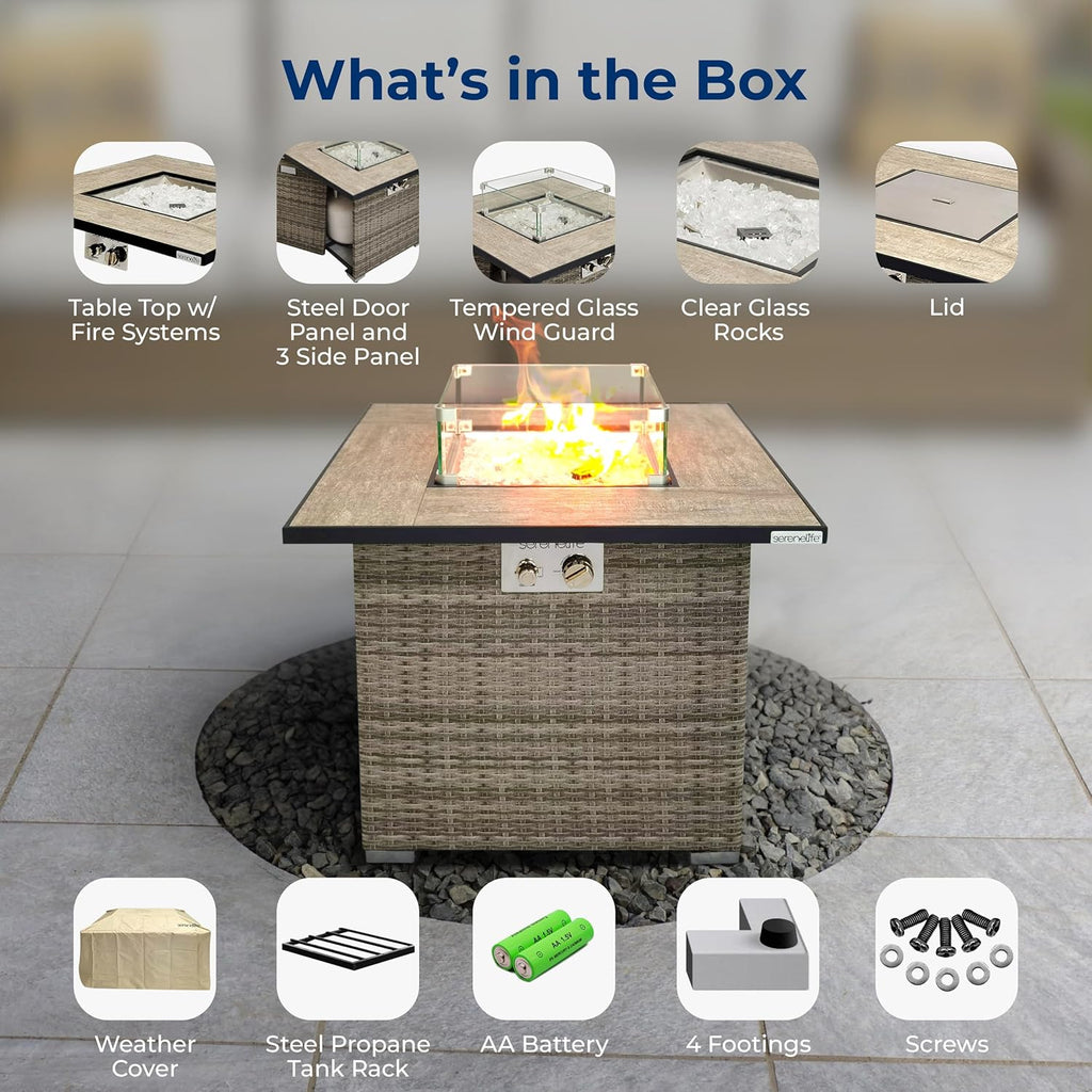 Outdoor Propane Fire Pit Table - CSA/ETL Certified Safe 50,000 BTU Pulse Ignition Weatherproof Square Wicker Propane