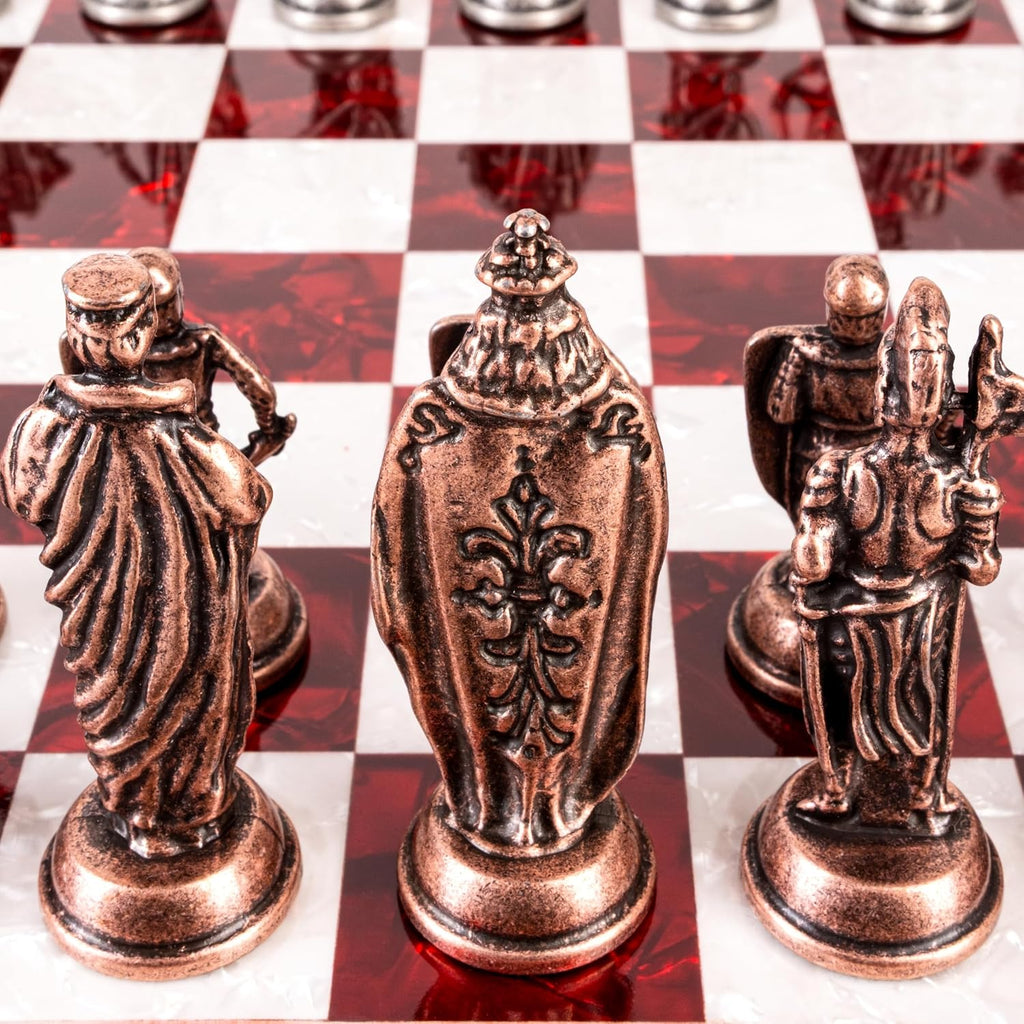 15-Inch Handmade Wooden Chess Set, Metal Pieces & Storage, Red