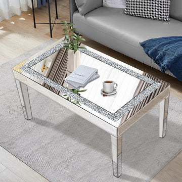 Silver Mirrored Coffee Table with Crystal Inlay, Rectangle Glass Tea Table with Mirrored Finish, Modern Center Table