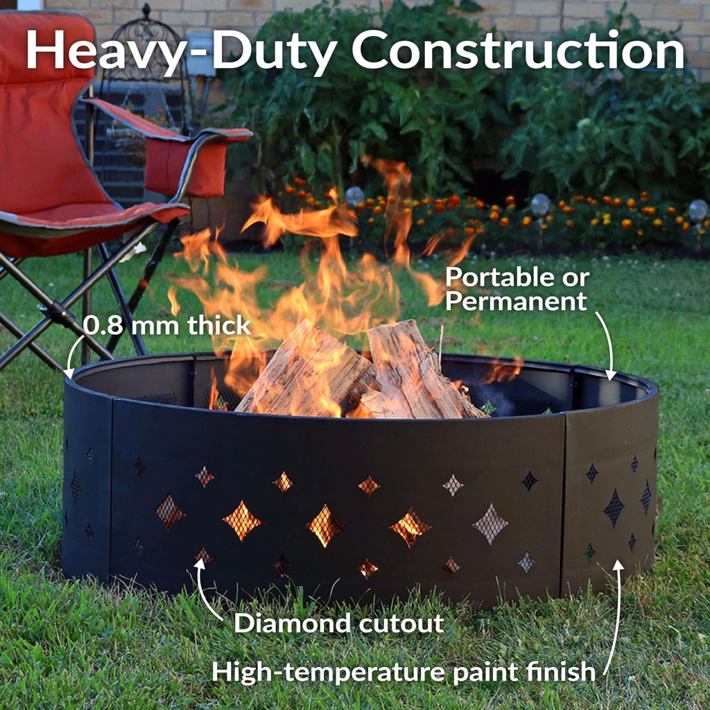 36-Inch Fire Pit Ring for Outside Wood Burning, Diamond Cutouts