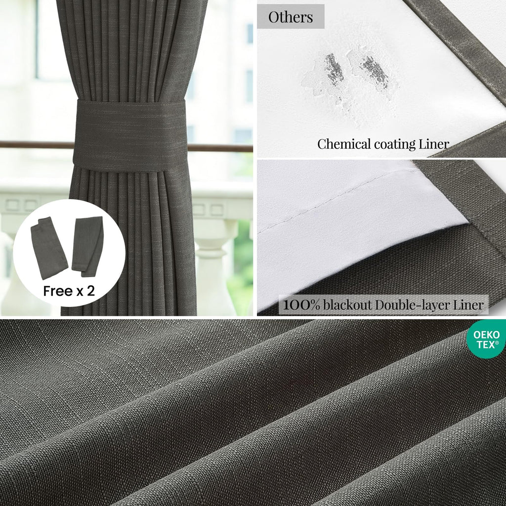 96 Inch Linen Pinch Pleated Full Blackout Curtains Carbon Grey
