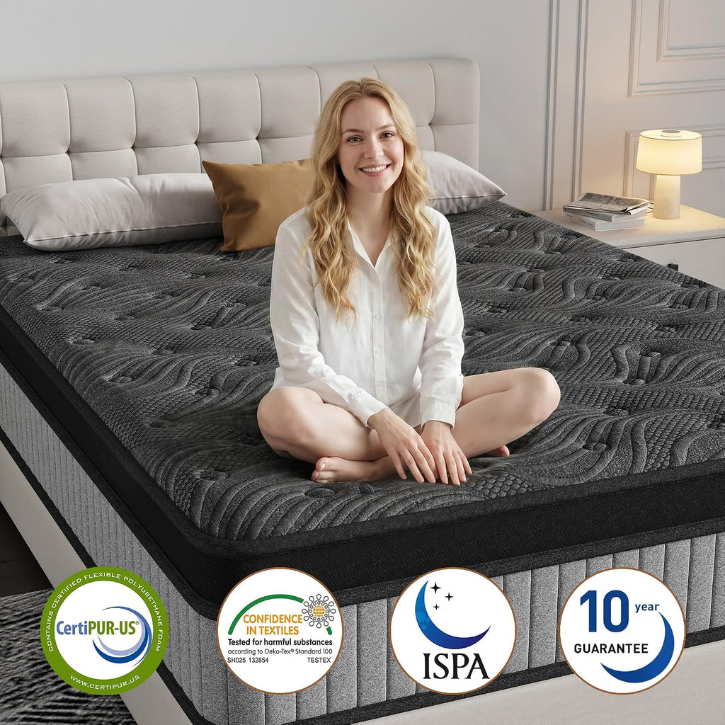 King Size 12 Inch Hybrid Mattress in a Box, Medium Firm Black and Gray Fabric Cover with Pocket Spring and Memory