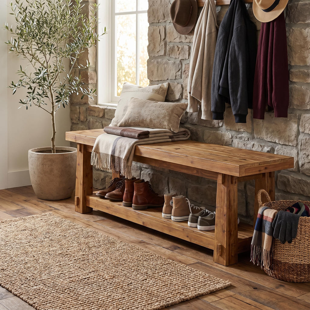 55" Wood Entryway Bench with Shoe Storage, Rustic Dining Bench