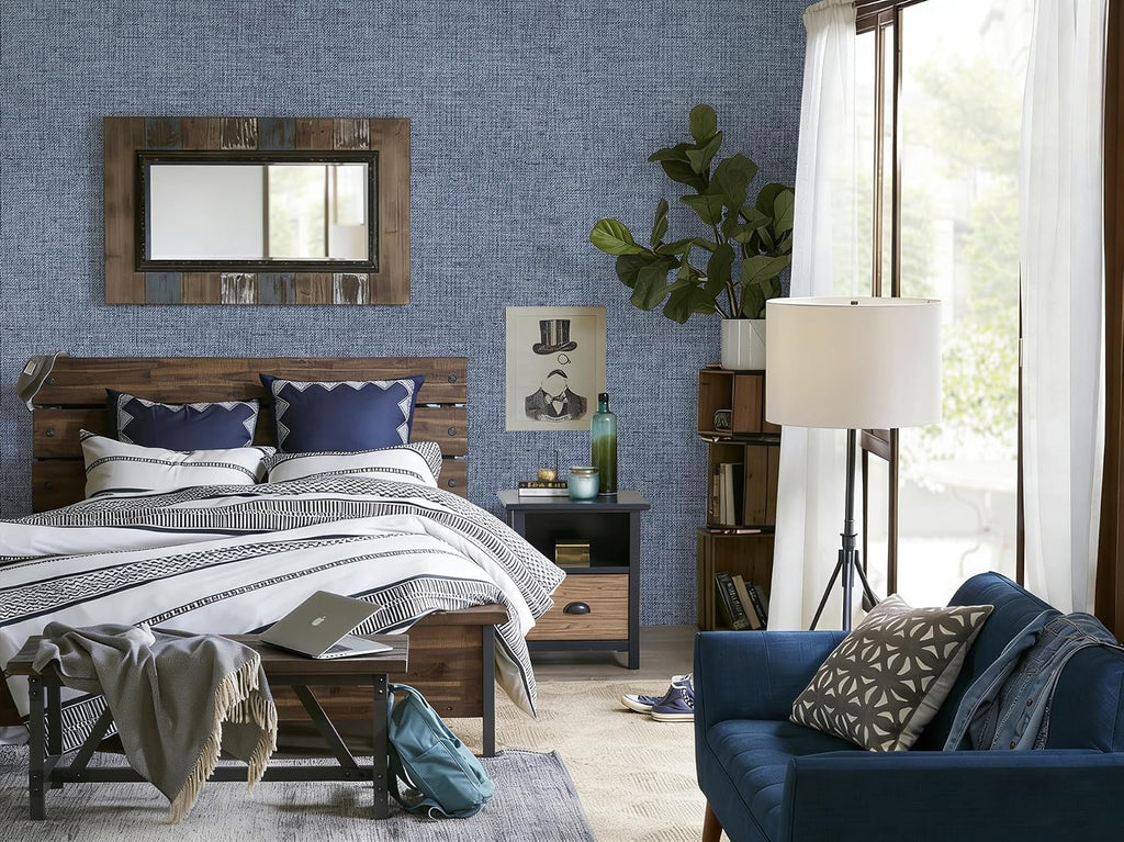 Denim Blue Grasscloth Peel and Stick Wallpaper 15.7inch x 393.7inch | Textured Contact Paper Blue Faux Linen