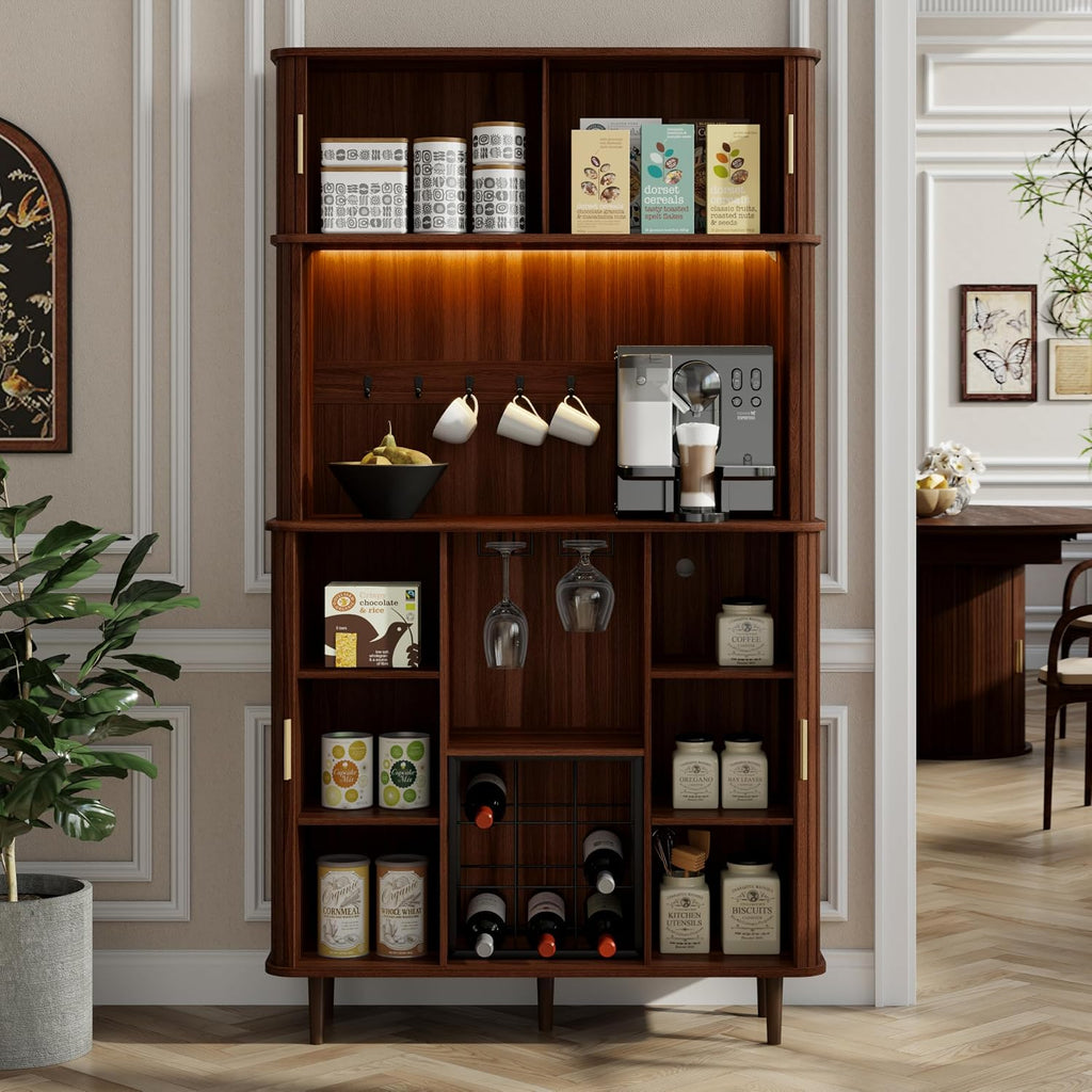 71" Tall Wine Bar Cabinet with Storage & Wine Rack,Fluted Liquor Cabinet,Modern Coffee Bar Cabinet with LED Lights