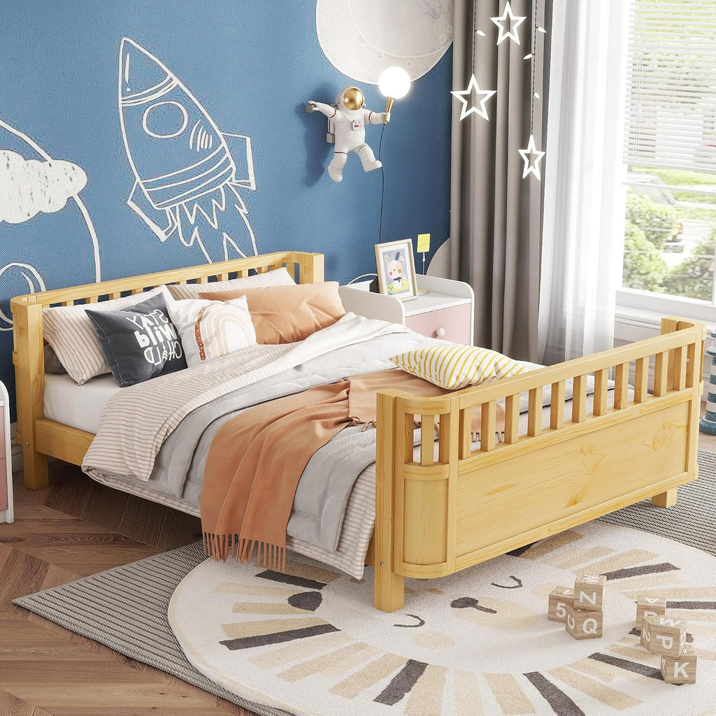 Platform Bed with Fence, Low Bed Frame with Detachable Side Bed Rails, Wooden Montessori Beds for