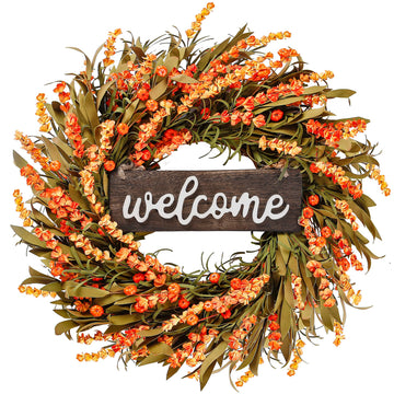 Artificial Fall Wreath - 22'' Autumn Front Door Wreath with Harvest Foam Leaves, Small Pumpkins for Outside, Indoor