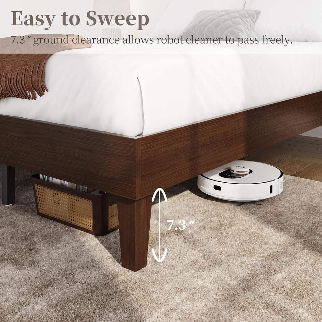 Solid Wood Platform Bed Frame Low-Profile Dark Walnut