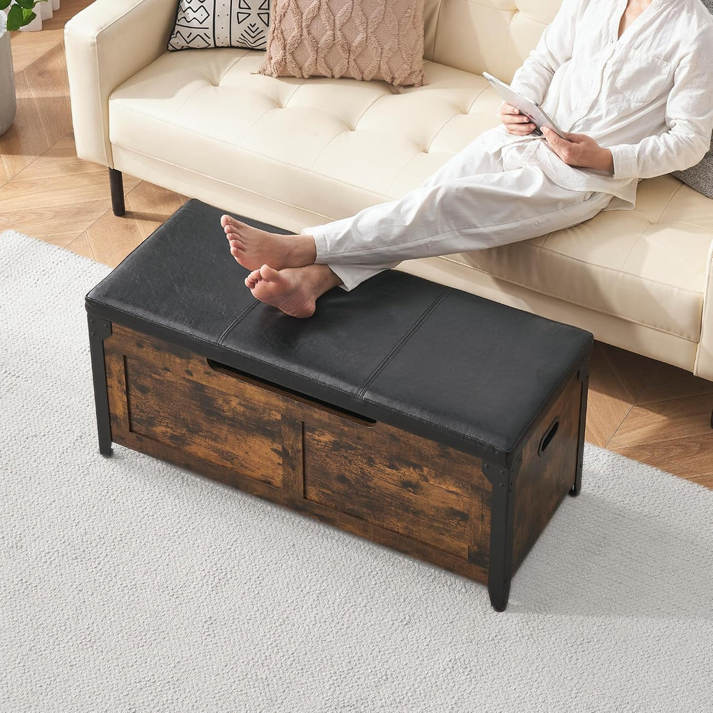 39.4" Storage Bench with 2 Safety Hinges, Rustic Brown | Retro Wooden Storage Chest, Loads 300 lb, Easy Assembly