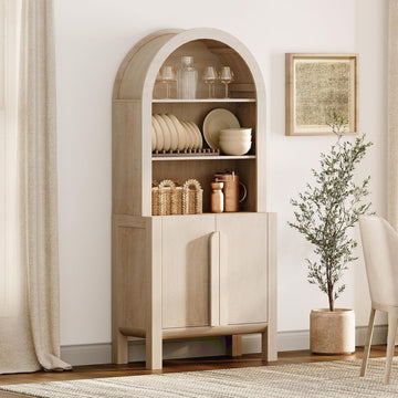 71" Tall Arched Kitchen Pantry Cabinet, 5 Tiers Modern Farmhouse Bookcase with Doors and Adjustable Shelves, Wood