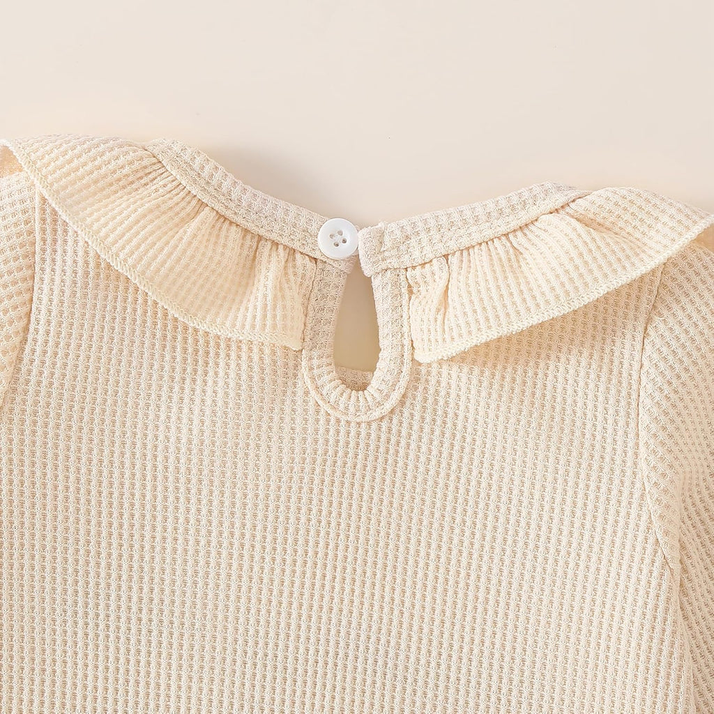 2 Piece Long Sleeve Ruffle Jumpsuit,Baby Girl Waffle Romper with Headband