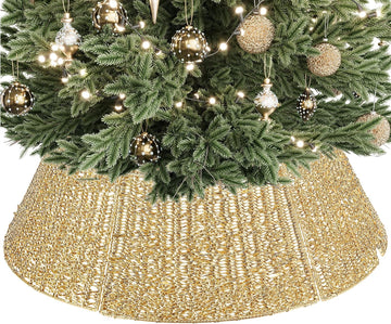 33 Inch Christmas Tree Collar, Gold Woven Xmas Tree Skirt for Artificial Trees, Tree Base Cover with Cord Cut-Out