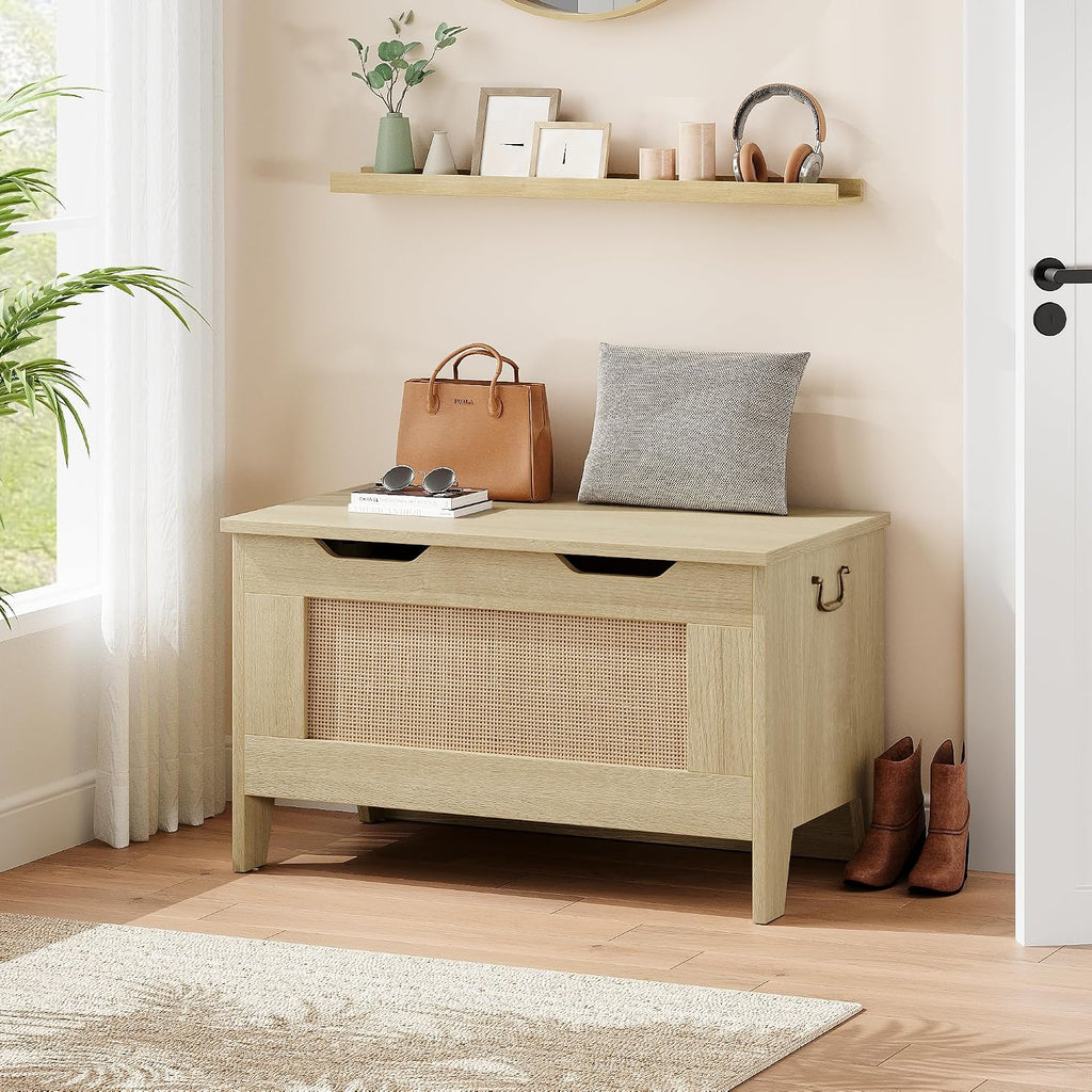 Farmhouse Storage Bench, 30" Wooden Storage Chest, Wood Color | Soft-Close Safety Hinge, Lift-Top Entryway Shoe