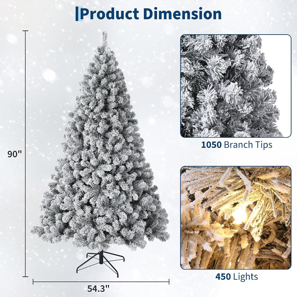 Pre-Lit Flocked Artificial Christmas Tree with Warm White Lights, Pure PVC Material, Hinged Branches for Easy