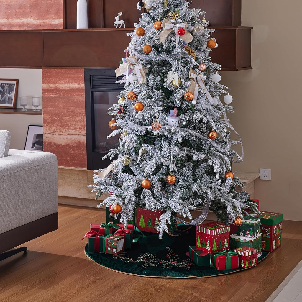 X.Sem Holly Leaf Embroidered Velvet Christmas Tree Skirt with Pleat Velvet Border 50'' (Dark Green, 50 inch)