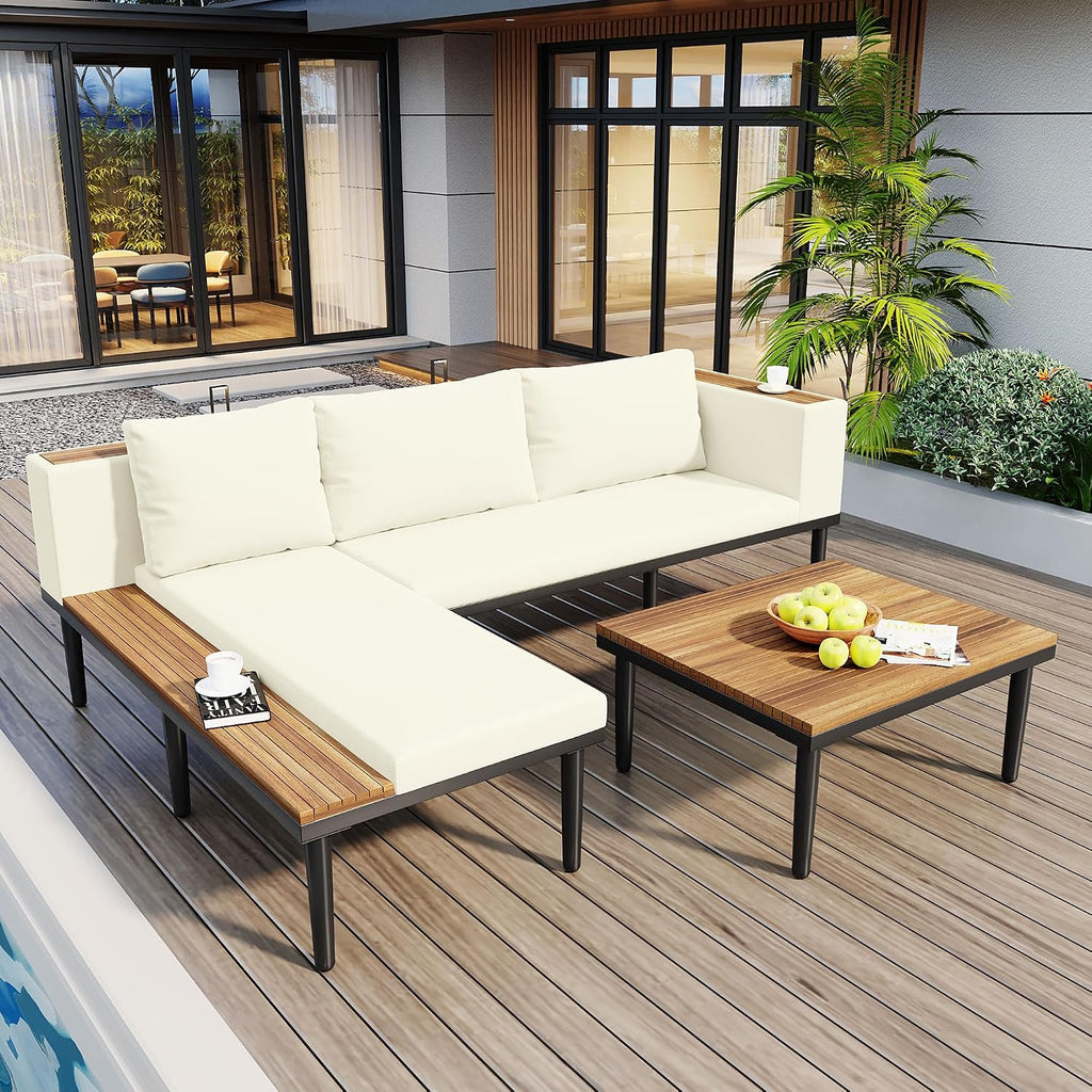 Luxury 4-Piece L-Shaped Outdoor Patio Sofa Set with Acacia Wood Side & Coffee Table, Removable Cushions & Pillows
