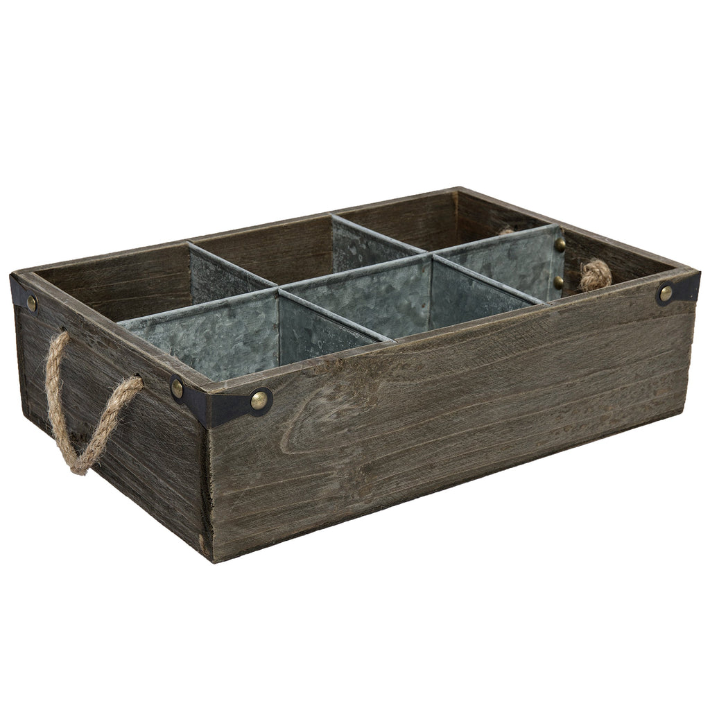 Rustic Solid Wood and Galvanized Multipurpose Organizer Caddy with 6 Metal Partition Divided Slots and Rope Handles