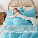 Fluffy Comforter Set King, Light Blue Winter Fleece Comforter Ultra Soft & Extra Pluffy Plush Comforter Set