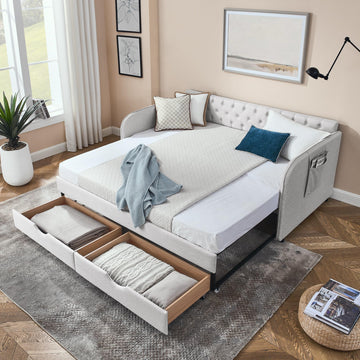 Twin to King Daybed Frame with Two Storage Drawers, Modern Upholstered Button Tufted Day Bed Nailhead Trim and Wood
