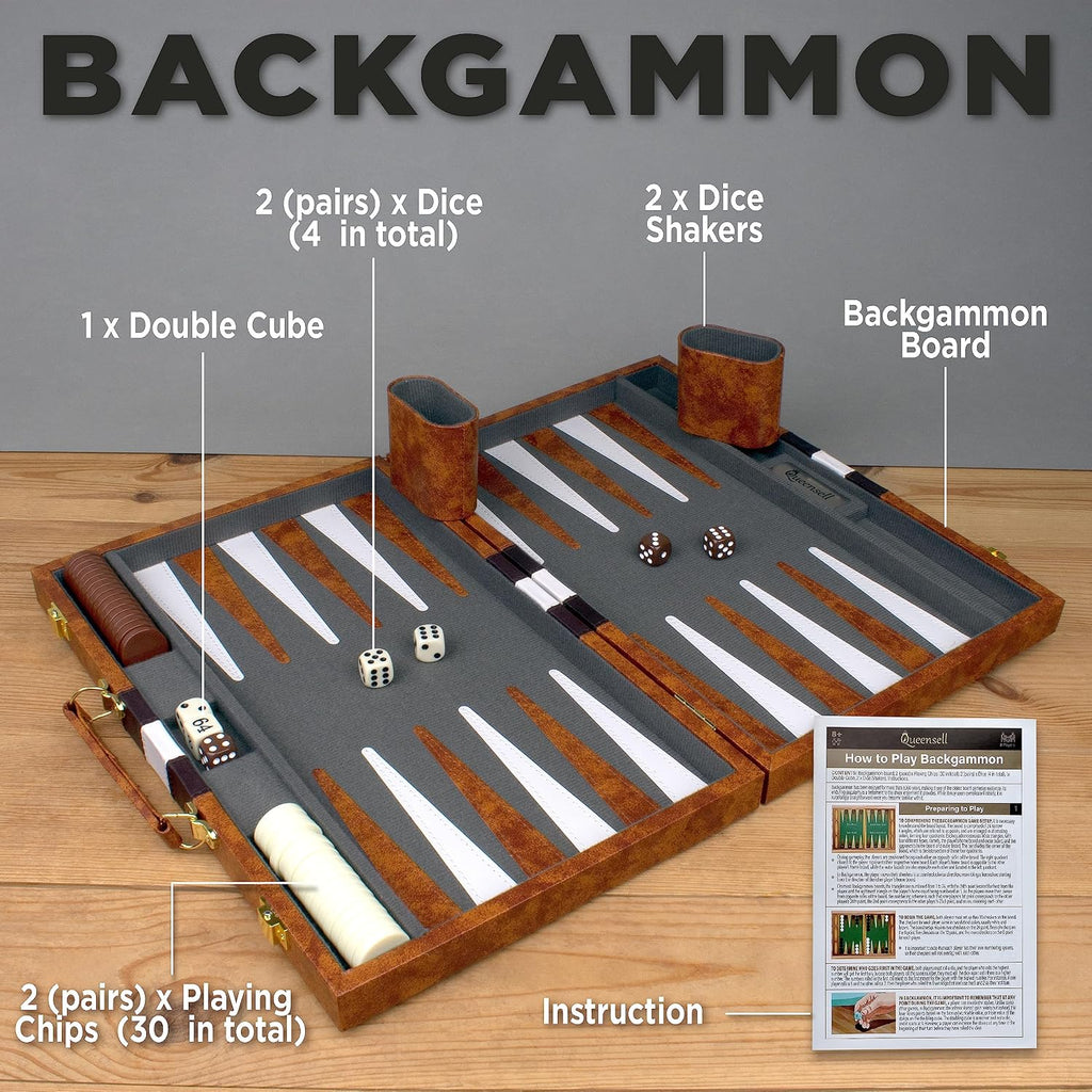Large Backgammon Sets for Adults - Classic Board Games for 2 Players Adults and Kids - Premium Backgammon Set 15 inch