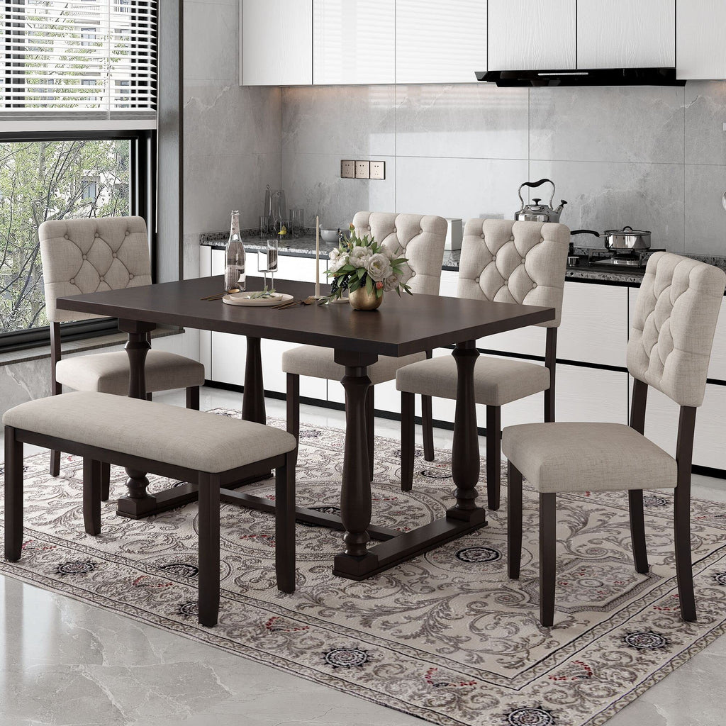 6-Piece Classic Dining Table Set with Special-Shaped Legs and Cushions Chairs, Modern Dining Table Set with Bench and