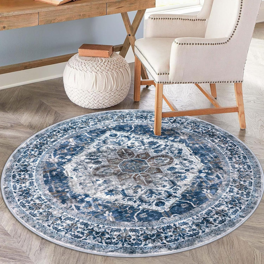 Round Rug 6 Ft Rugs for Entryway Washable Circle Rug Non Slip Round Living Room Rugs Printed Faux Wo