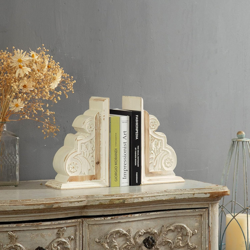 1 Pair Rustic Handmade Distressed White Wood Bookends, Carved Pattern | Unique Decorative Heavy Book Holder